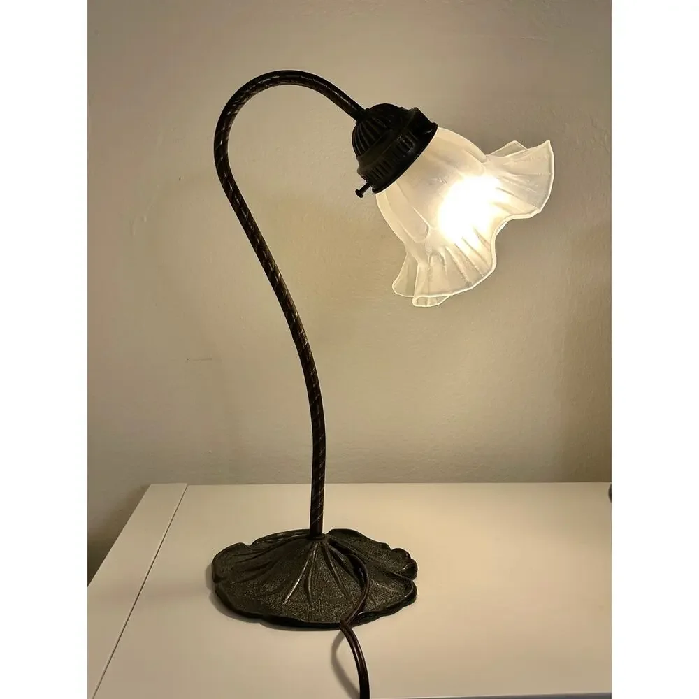 1970s VINTAGE Art Nouveau Lily Pad Gooseneck Lamp Ruffled Glass Tulip Shade